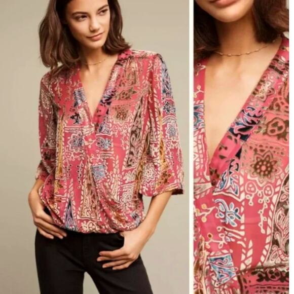 Anthropologie Floreat Japonica Burnout Pink Silk Blend Velvet Blouse Top, Large - Picture 1 of 12